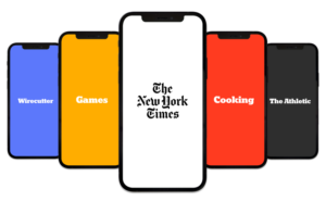 Five mobile phones displaying the New York Times logo and 4 of its features- Wirecutter, Games, Cooking and The Atlantic