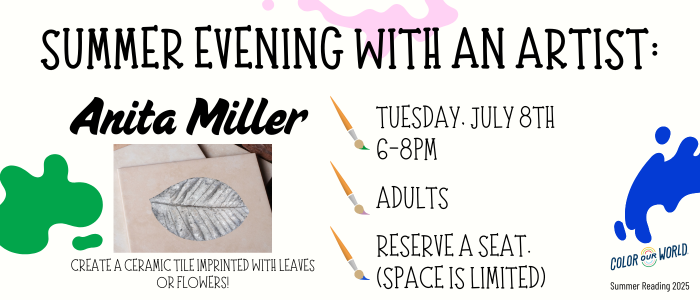 Summer Evening with an artist- Anita Miller July 8th 6pm-8pm Space is limited