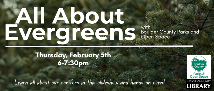 All About Evergreens with Boulder county parks and open space. February 5th 6pm-730pm